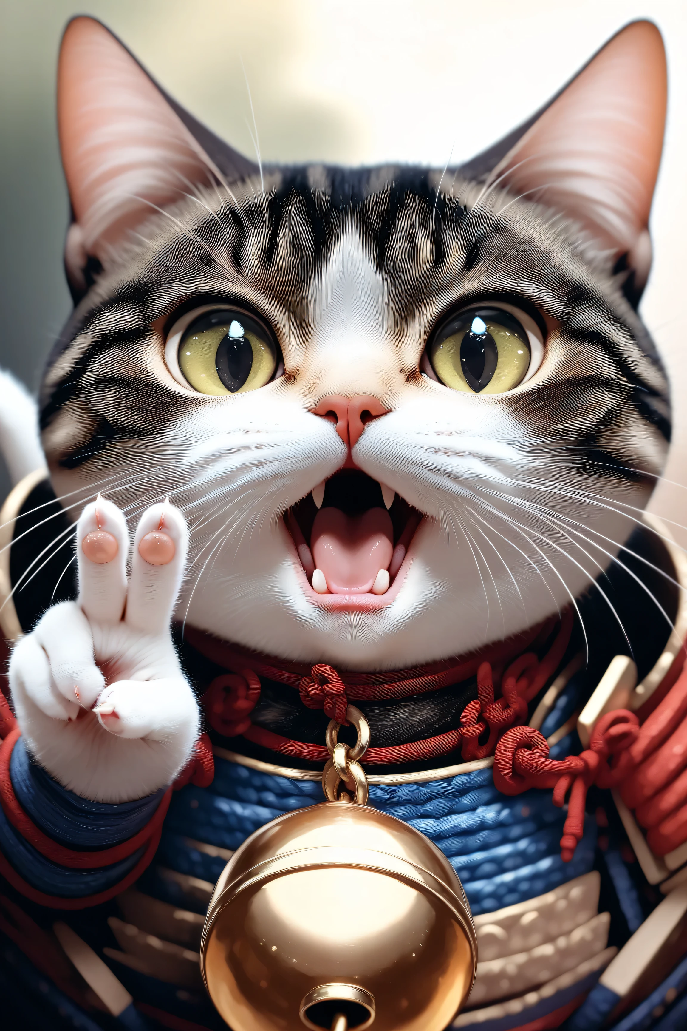 (masterpiece, best quality:1.2), animal focus, no humans, chibi-style cat, 2-head proportions, samurai armor, open mouth with a cheerful expression, looking at viewer, holding one paw up in a peace sign gesture, oversized golden bell on collar, detailed but exaggerated armor design, blurry background