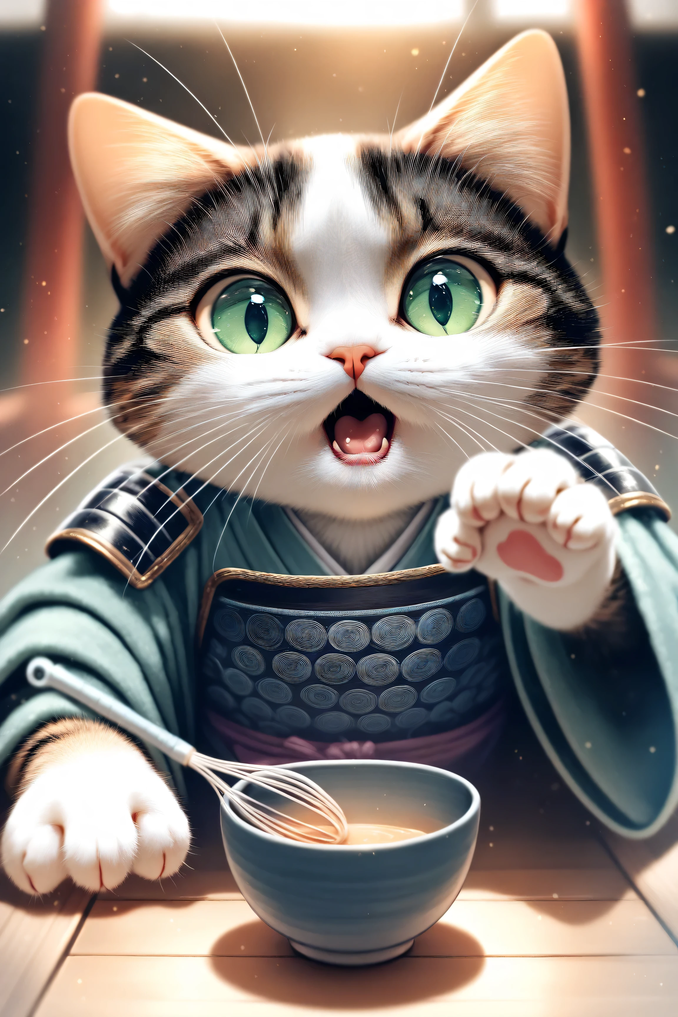 (masterpiece, best quality:1.2), animal focus, no humans, cat dressed as a samurai performing a tea ceremony with a small tea bowl and whisk in its paws, open mouth as if explaining something to the viewer, gentle green eyes and calm expression, detailed traditional armor with soft fabric elements, blurry serene background