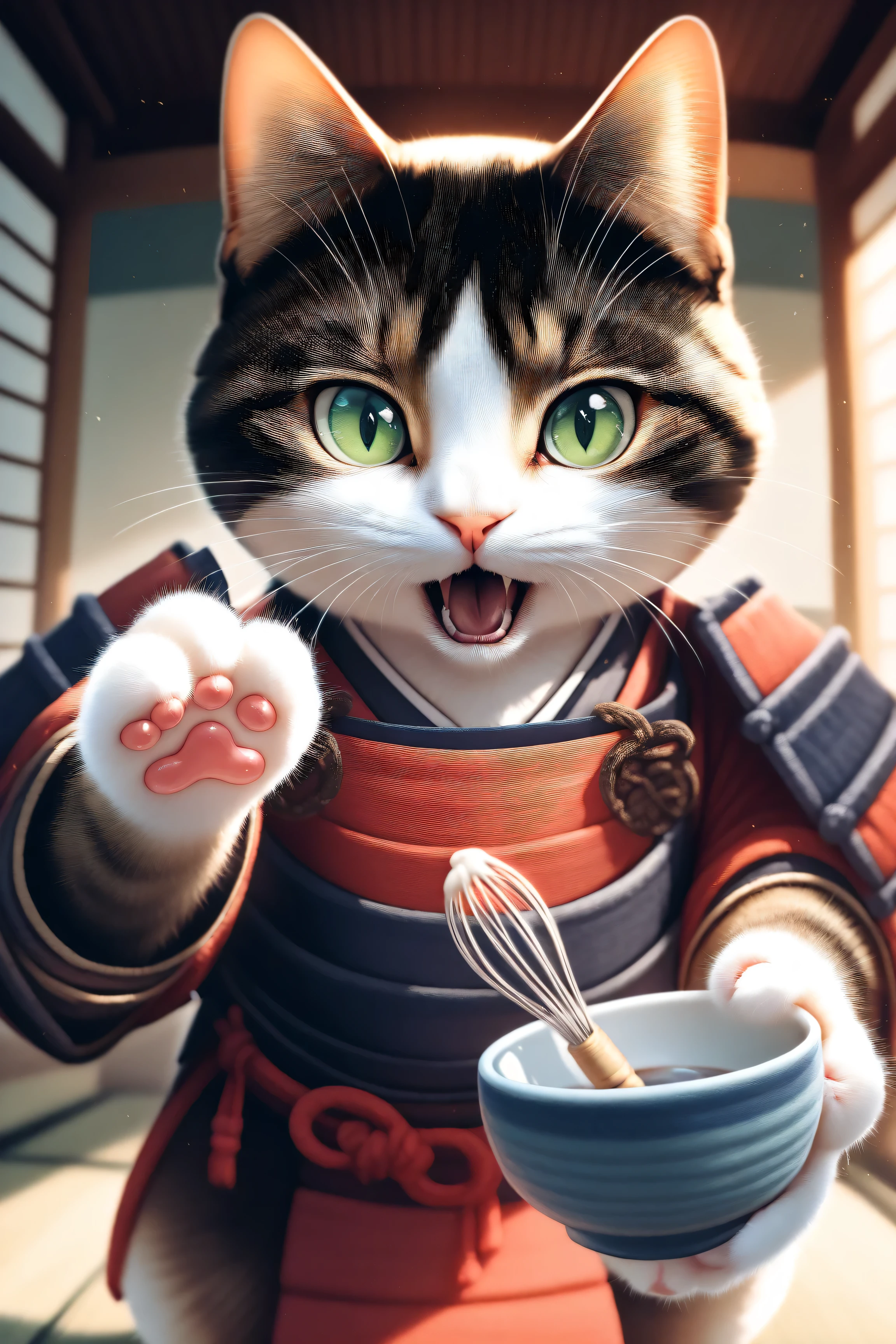 (masterpiece, best quality:1.2), animal focus, no humans, cat dressed as a samurai performing a tea ceremony with a small tea bowl and whisk in its paws, open mouth as if explaining something to the viewer, gentle green eyes and calm expression, detailed traditional armor with soft fabric elements, blurry serene background