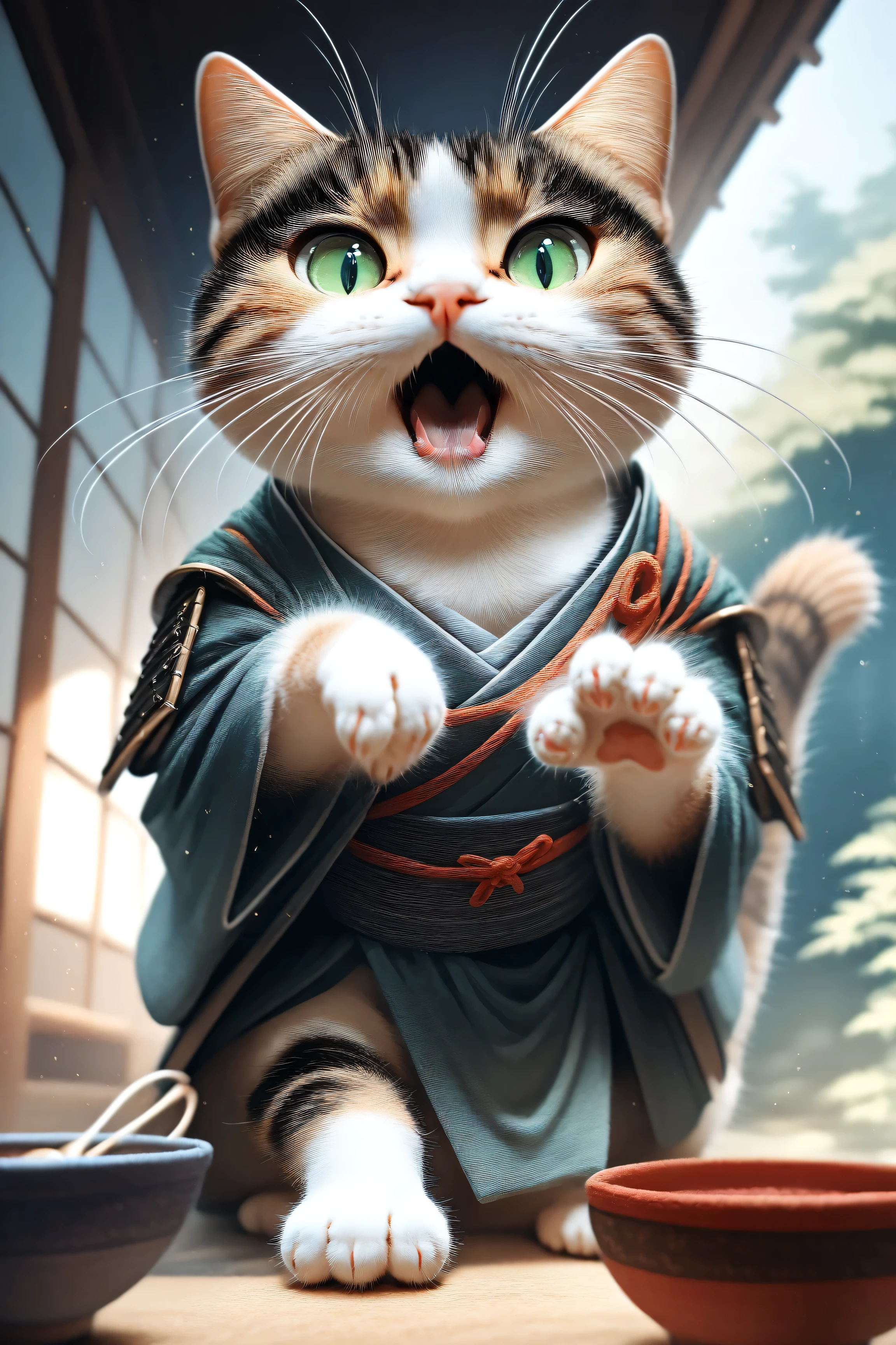 (masterpiece, best quality:1.2), animal focus, no humans, cat dressed as a samurai performing a tea ceremony with a small tea bowl and whisk in its paws, open mouth as if explaining something to the viewer, gentle green eyes and calm expression, detailed traditional armor with soft fabric elements, blurry serene background
