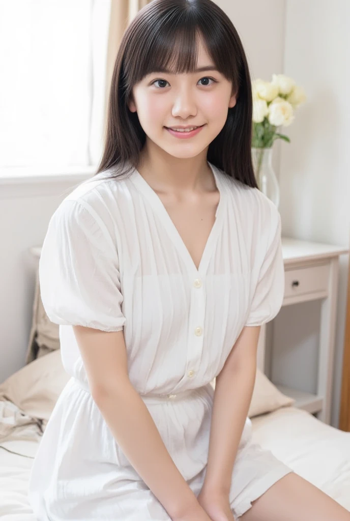 (Masterpiece, Best quality: 1.2), (Aerial shot: 1.3), (From side: 1.3), Looking at viewer, Natural light, 30 years old actress, Japanese women, Neat and clean, ((Wearing white tennis uniform, White polo shirt with collar, Not buttoning the polo shirt, White tennis Skirt, White pleated mini skirt: 1.2)), (High ponytail: 1.2) Medium wavy hair, (Beautiful Face), Glossy brown hair color, clear, (Beautiful detailed eyes, Kind eyes), (Clear skin), Small face, Beautiful small mouth, Natural makeup, Approachable, Hotel rooms, On bed, White socks, Seductive smile, Seductive pose, spread legs,