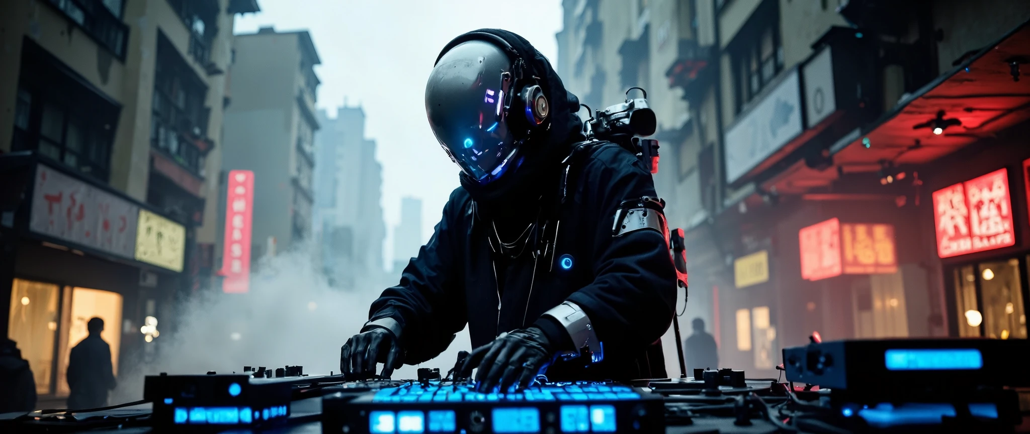 Recypu style, CyberpunkStyle: Cyberpunk highly detailed, high-resolution photograph. A futuristic, armored robotic DJ in a decadent and vibrant urban setting. The subject's head is covered by a sleek, metallic helmet that obscures the face, giving an imposing robotic appearance. The helmet is adorned with various sensors and neon blue flux core lights, suggesting advanced technology. The DJ's body is clad in a full suit of high-tech armor, primarily made of a mix of metal and synthetic materials. The armor is highly detailed with intricate circuits, joints, and mechanical components, indicating an advanced fusion of robotics and cybernetics. The suit is predominantly black with hints of dark gray and silver, and is adorned with luminous panels, data screens, and fiber optic cables that pulse with the music. The DJ's hands are busy manipulating a floating holographic mixing console, with multiple neon-lit buttons and sliders. On their back, instead of a weapon, they carry a complex system of modular synthesizers and samplers. The background stage shows an industrial urban environment with blurred metallic structures, flickering neon lights, and a dense atmosphere of smoke and fog, emphasizing the cyberpunk and post-apocalyptic setting. The lighting is dramatic, with spotlights and strobes highlighting the details of the armor and console. The overall mood is energetic, futuristic, and full of rhythm. DJ-Sentinelbot. Apocalypse-Rhythmic. sentinelbot. apoclypse
