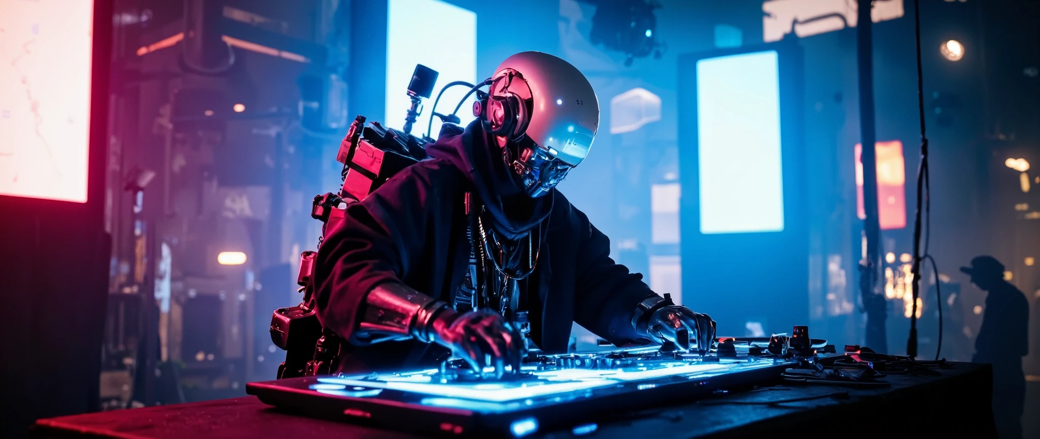Recypu style, CyberpunkStyle: Cyberpunk highly detailed, high-resolution photograph. A futuristic, armored robotic DJ in a decadent and vibrant urban setting. The subject's head is covered by a sleek, metallic helmet that obscures the face, giving an imposing robotic appearance. The helmet is adorned with various sensors and neon blue flux core lights, suggesting advanced technology. The DJ's body is clad in a full suit of high-tech armor, primarily made of a mix of metal and synthetic materials. The armor is highly detailed with intricate circuits, joints, and mechanical components, indicating an advanced fusion of robotics and cybernetics. The suit is predominantly black with hints of dark gray and silver, and is adorned with luminous panels, data screens, and fiber optic cables that pulse with the music. The DJ's hands are busy manipulating a floating holographic mixing console, with multiple neon-lit buttons and sliders. On their back, instead of a weapon, they carry a complex system of modular synthesizers and samplers. The background stage shows an industrial urban environment with blurred metallic structures, flickering neon lights, and a dense atmosphere of smoke and fog, emphasizing the cyberpunk and post-apocalyptic setting. The lighting is dramatic, with spotlights and strobes highlighting the details of the armor and console. The overall mood is energetic, futuristic, and full of rhythm. DJ-Sentinelbot. Apocalypse-Rhythmic. sentinelbot. apoclypse