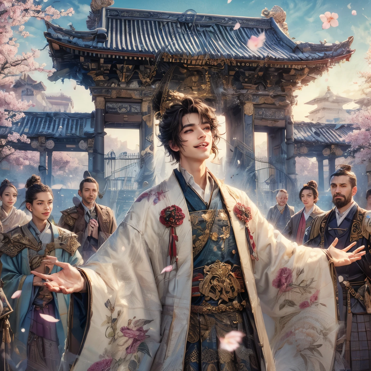 highest quality、Very detailed、an aristocrat who was forgiven for his crimes and returned to the capital、he is a Japanese man、Male aristocrats in the Heian period、He is delighted with open arms