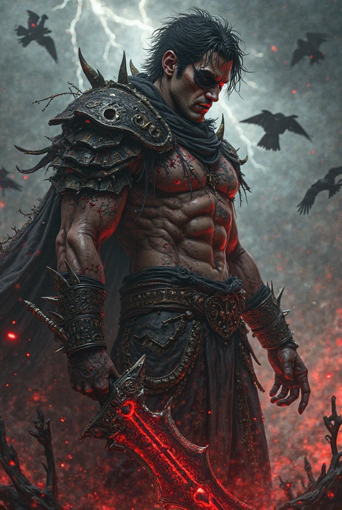 A sword man taking back a beheaded head of a scary creature
