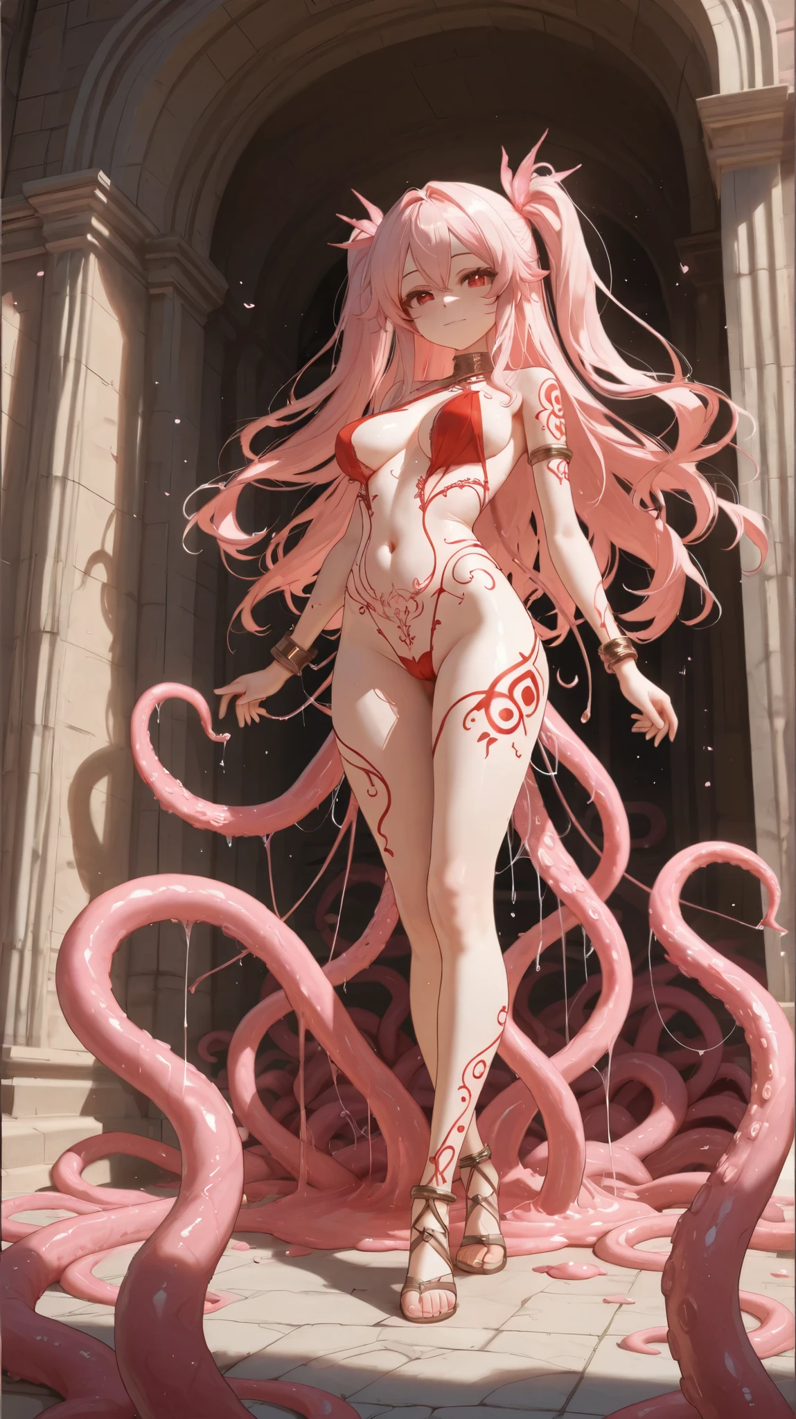 Young and charming woman with, messy hair, woman parasitized by octopus tentacles, tentacle color is light pink white, woman squatting to show the parasitic crotch part, parasitic parts for the butt, chest, crotch, the chest is surrounded by parasitic octopus tentacles to form a translucent white corset covered, the chest has tentacle suction cups scattered on the surface, the parasitic chest will grow small tentacles on the surface, the underwear connects the white stockings of the legs, the parasite and the host organ are perfectly combined, The butt is covered by the translucent white zippered tight thongs generated by the tentacles of the parasitic octopus, and tentacles will grow on the parasitic butt on the surface, the skin of the woman's abdomen is assimilated into the same obvious texture by the tentacles, thick tentacles grow from the liver door, unzip is opened, thick tentacles grow from the crotch, and the tentacles that appear around are all from the woman's body,