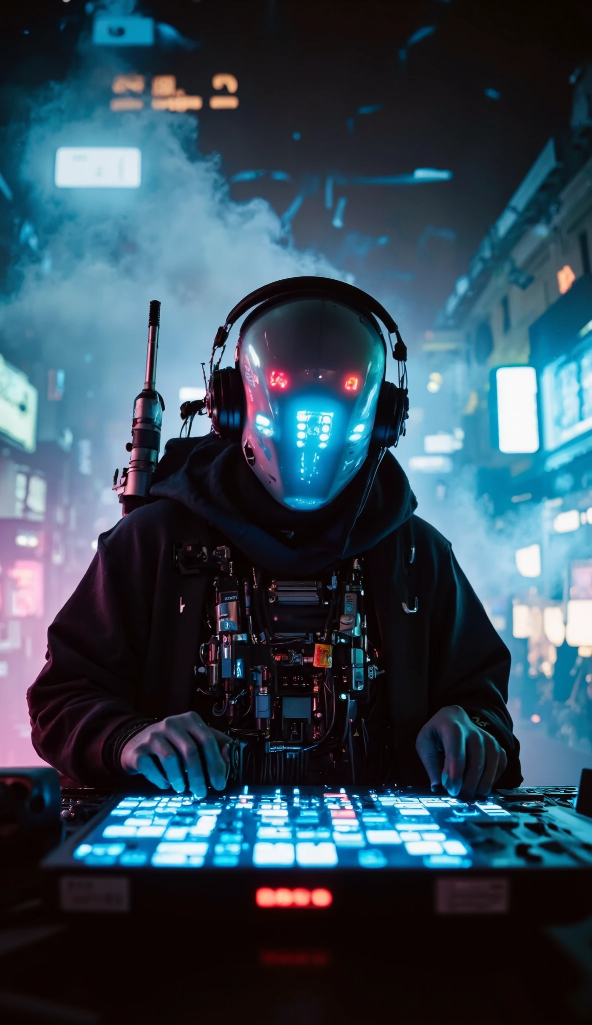 Recypu style, CyberpunkStyle: Cyberpunk highly detailed, high-resolution photograph. A futuristic, armored robotic DJ in a decadent and vibrant urban setting. The subject's head is covered by a sleek, metallic helmet that obscures the face, giving an imposing robotic appearance. The helmet is adorned with various sensors and neon blue flux core lights, suggesting advanced technology. The DJ's body is clad in a full suit of high-tech armor, primarily made of a mix of metal and synthetic materials. The armor is highly detailed with intricate circuits, joints, and mechanical components, indicating an advanced fusion of robotics and cybernetics. The suit is predominantly black with hints of dark gray and silver, and is adorned with luminous panels, data screens, and fiber optic cables that pulse with the music. The DJ's hands are busy manipulating a floating holographic mixing console, with multiple neon-lit buttons and sliders. On their back, instead of a weapon, they carry a complex system of modular synthesizers and samplers. The background stage shows an industrial urban environment with blurred metallic structures, flickering neon lights, and a dense atmosphere of smoke and fog, emphasizing the cyberpunk and post-apocalyptic setting. The lighting is dramatic, with spotlights and strobes highlighting the details of the armor and console. The overall mood is energetic, futuristic, and full of rhythm. DJ-Sentinelbot. Apocalypse-Rhythmic. sentinelbot. apoclypse