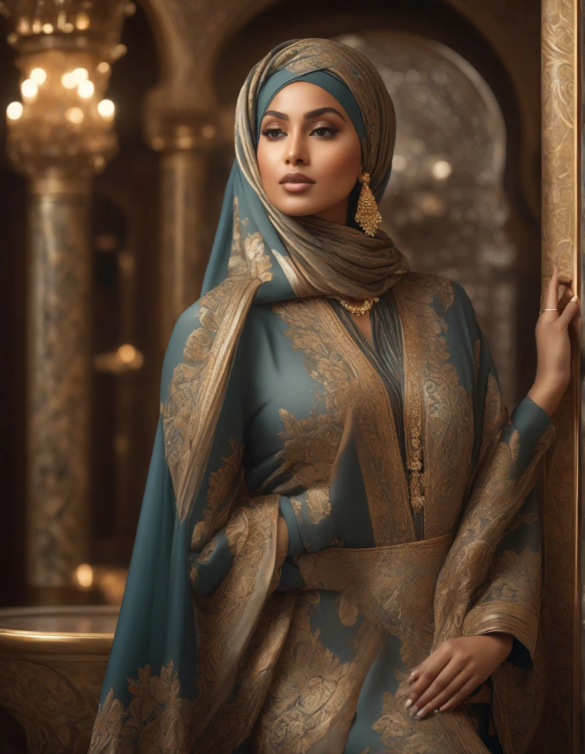 An artistic image of a woman wearing hijab and dressed in the style of Gustav Klimt, featuring bold, golden patterns and intricate decorative elements on her gown. Emulate Klimt’s art style using a wet ink technique to create a visually striking effect. The scene is set indoors with ambient lighting that enhances the golden hues of the dress. The woman stands gracefully against a background filled with decorative elements and golden accents. Experiment with various camera angles to capture the richness and detail characteristic of Klimt's work.