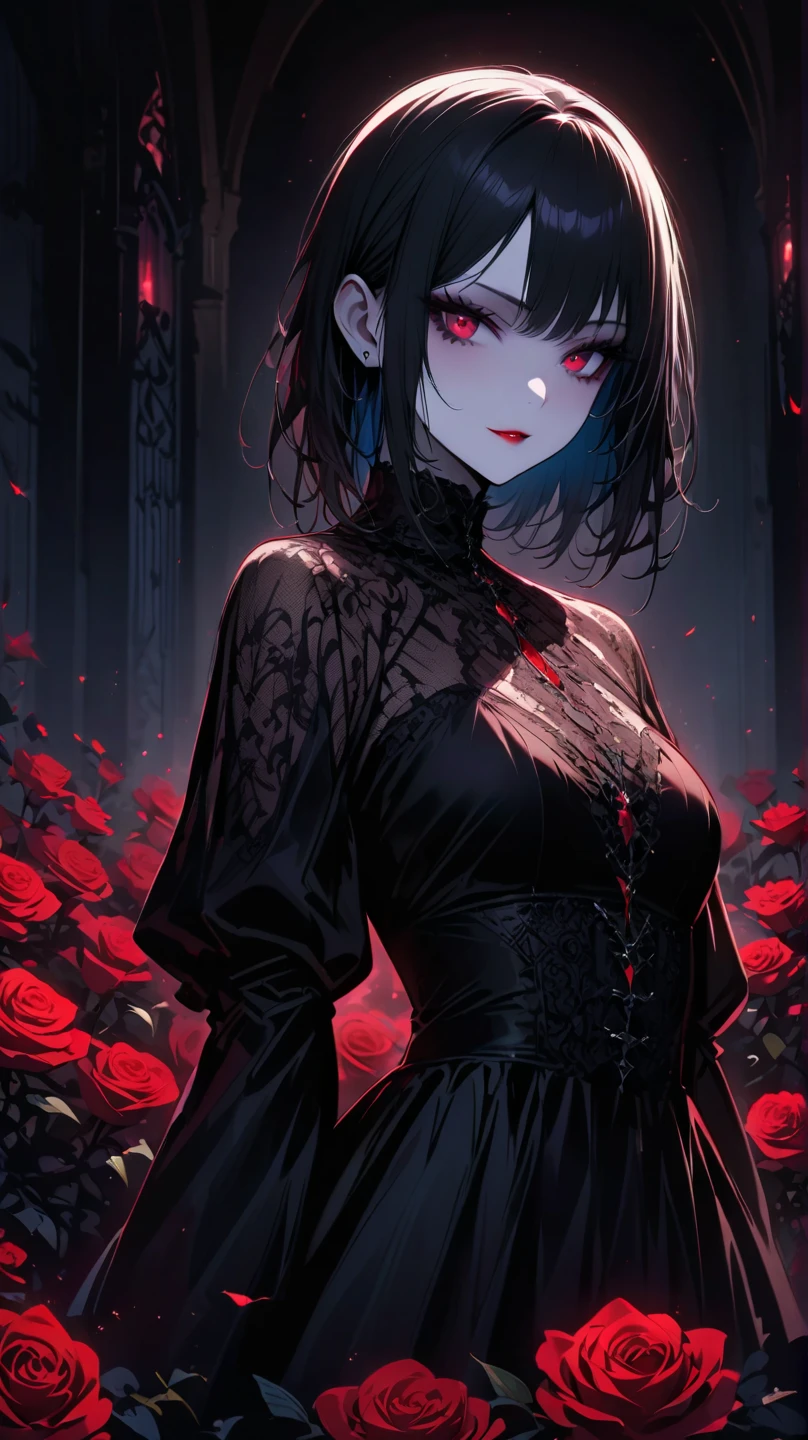 (dark atmosphere,Goethe fashion,bright colors),(best quality,Super exquisite,),Sexy goth elf girl,rose garden at night,beautiful and delicate eyes,Blue tip black straight ponytail,Crow feathers,red lipstick,mysterious smile,Pale complexion,fishnet stockings,black lace dress,Pointed-toe boots,mysterious aura,The moonlight reflects her elegant silhouette,Soft shadows and soft highlights,Contrasting colors create a vibrant atmosphere,Dark and moody color palette,Subtle yet dramatic lighting effects,Sublime darkness intertwined with exquisite moonlight