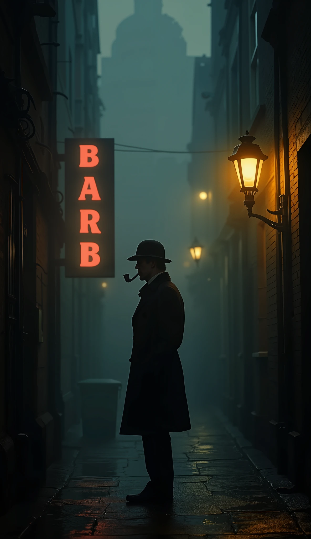 A Lone Figure Under a Streetlamp, A scene from the movie 、Sherlock Holmes, , London's back alley at night、街灯の下にパイプを片手にひっそりと佇むSherlock Holmes、 Deep Night Fog 、、Silence、Lonely bar sign
