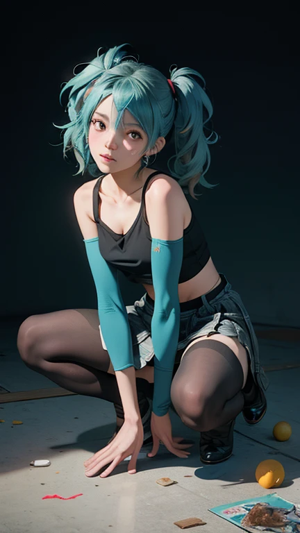 Absurd resolution, high resolution, (masterpiece: 1.4), hyper-detail, 1 girl , blue hair wearing a singlet , leggings 