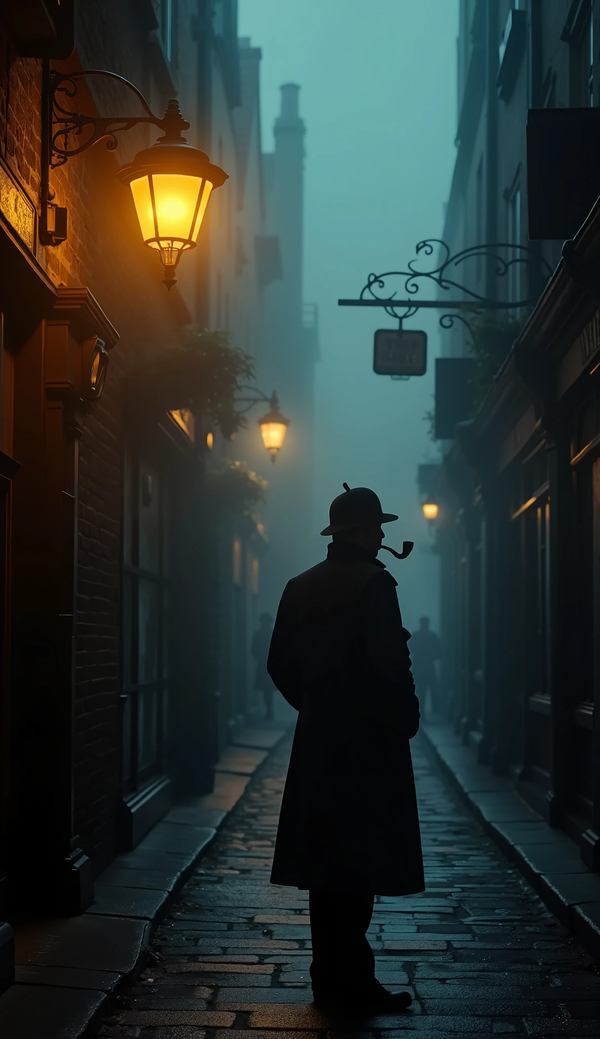 A Lone Figure Under a Streetlamp, A scene from the movie 、Sherlock Holmes, , London's back alley at night、街灯の下にパイプを片手に持ちひっそりと佇むSherlock Holmes、 Deep Night Fog 、、Silence、Lonely bar sign