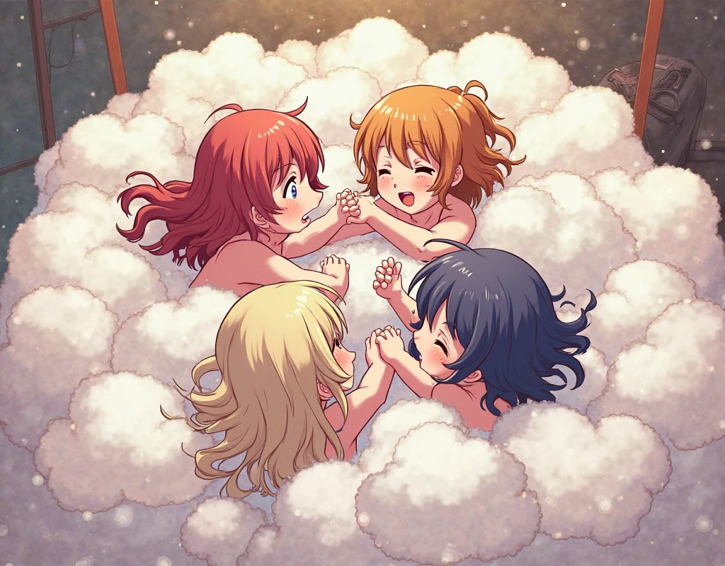 nudist girl sliding、A lot of close elementary school boys hugging each other、surround each other's face、Laughter and joy、in group photograph、Group Selfies、In the tent at night、from side