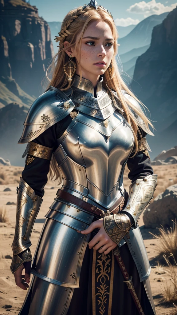 Royal Knights，The entire body is wrapped in luxurious heavy armor that covers everything from the neck down.，Point the knight's sword at the sky，Sports Late，Cleavage close-up，Solemn，Large, protruding breasts，Curved waist、Armor to fit waist、moderate，Humble，Cinematic, High resolution, original, Complex, high quality, Gorgeous shades, Complex details, Ultra-fine，OC Rendering