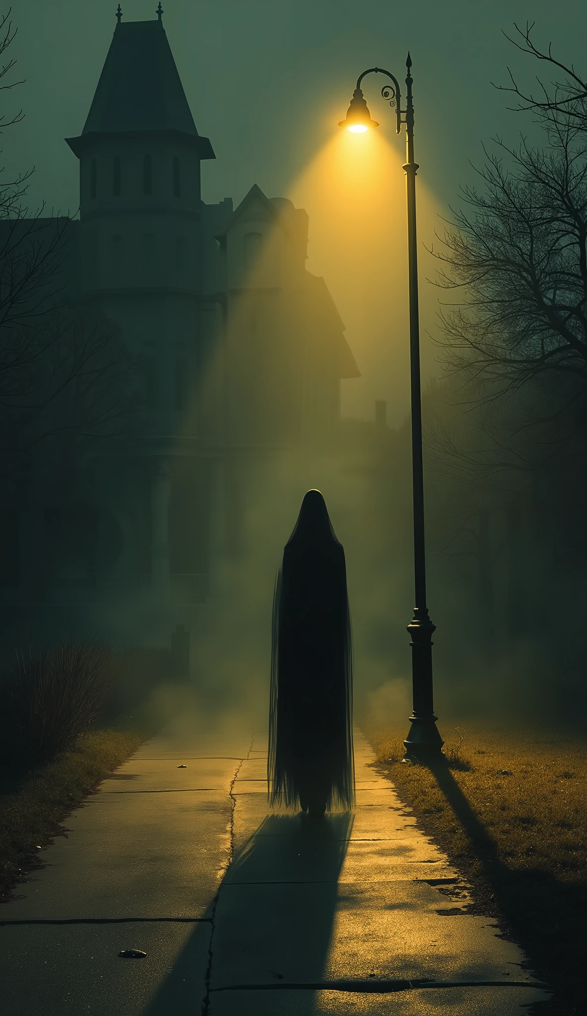 A Lone Figure Under a Streetlamp, Haunted Mansion、I can't see people 、Invisible Man、街灯の下に人only shadowsが路面に映る、Nobody、only shadows