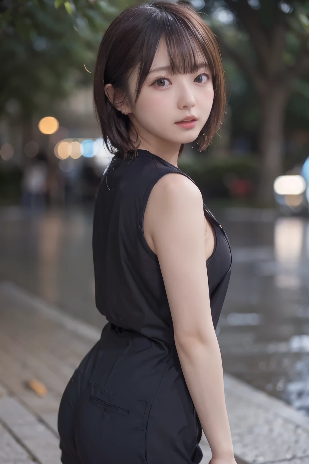 8k, raw photo, best quality, high resolution, realistic, photorealistic, extremely detailed 8k wallpaper, beautifully detailed eyes, finely detailed exquisite face, 
 break 
rim lighting, 
 break 
cherry trees, sunset glow, city waterfront, 
 break 
perfectly anatomically correct:1.2, 
 break 
1 female, kawaii:1.2, standing on stainless deck, short hair bun:1.2, wet hair, 
realistic underbuttocks:1.2, 
high tensioned creases form in clothing due to lifted beautiful ideal ellipse protruding shape medium soft buttocks upturned, 
symmetrical clear eyes, chocolate color eyes with captivating reflections, 
symmetrical face line, stereoscopic projection, 
round face, rounded jaw, small eyes, wide-set eyes, tareme, chiseled face, 
beautiful blackened medium areola, 
a short pant suit in sober color, 
[melancholy with opening mouth], 
seventeen, 
[nipples, sidenips, nipple slip], 
looking back viewer, 
 break 
from below, from left side view, bokeh