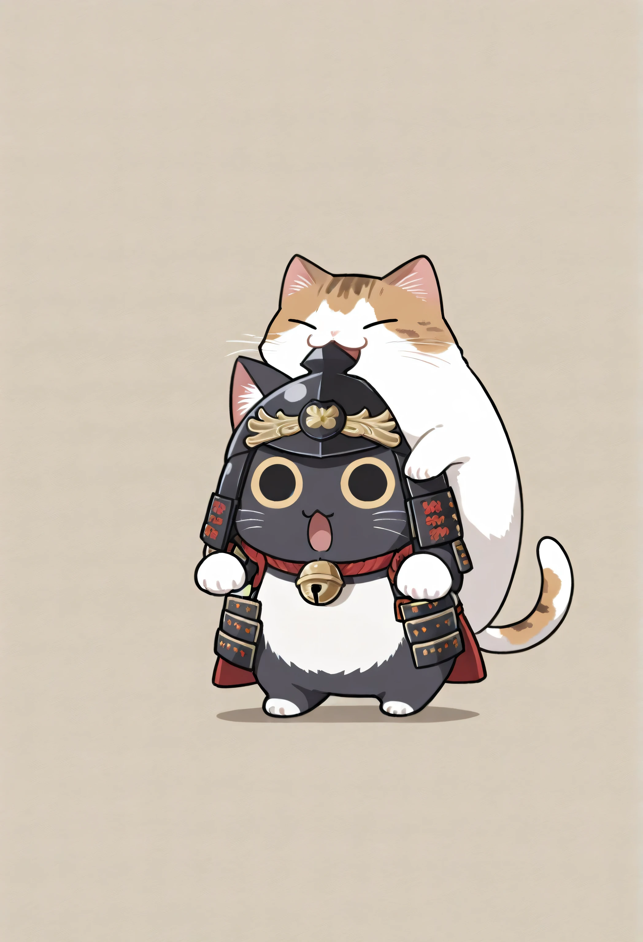 (masterpiece, best quality:1.2), animal focus, no humans, chibi-style cat, 2-head proportions, samurai armor with comically large helmet and bell on collar, holding a giant fish triumphantly over its head in one paw while the other paw rests on its hip confidently, open mouth with an excited "meow!"