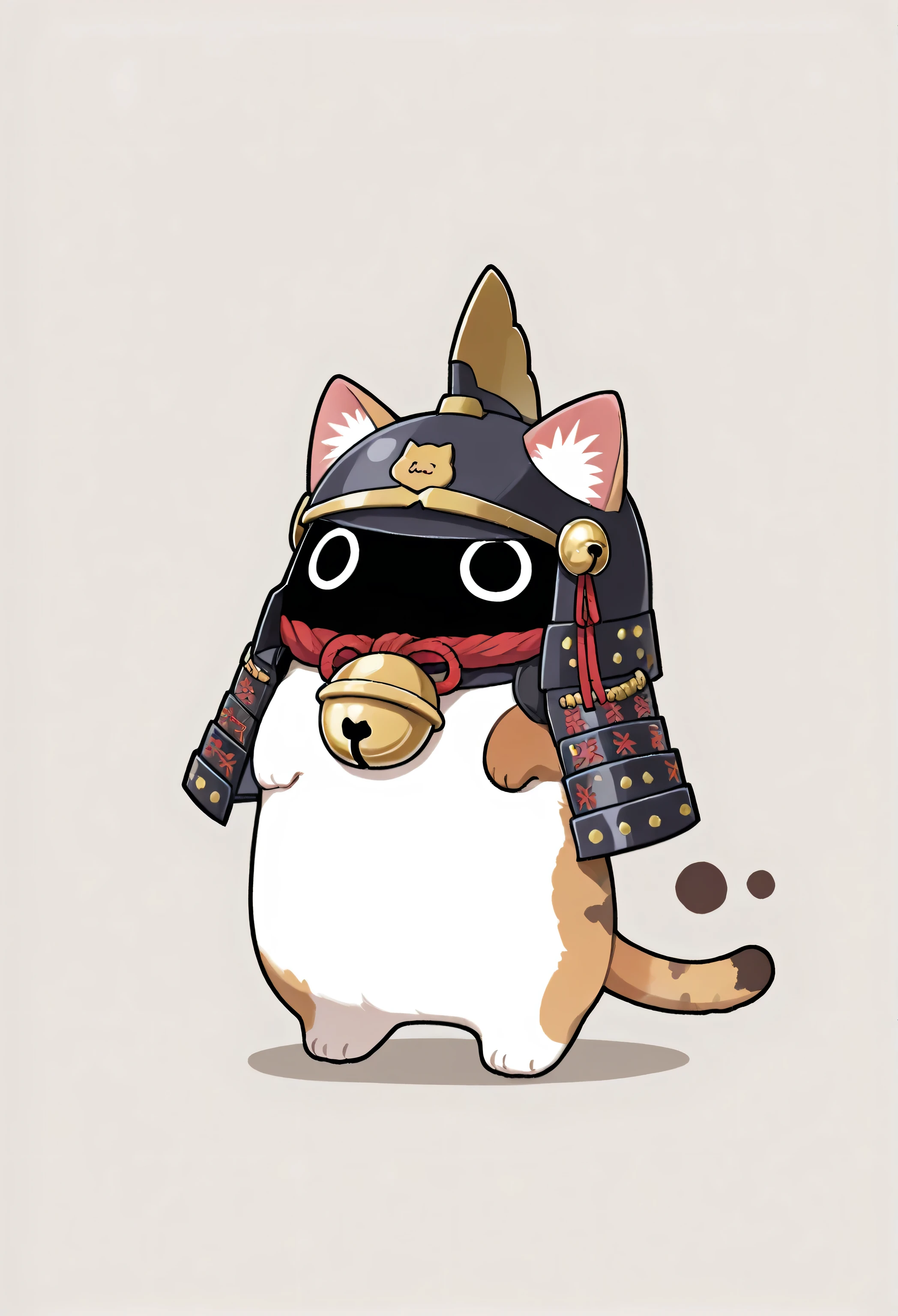 (masterpiece, best quality:1.2), animal focus, no humans, chibi-style cat, 2-head proportions, samurai armor with comically large helmet and bell on collar, holding a giant fish triumphantly over its head in one paw while the other paw rests on its hip confidently, open mouth with an excited "meow!"