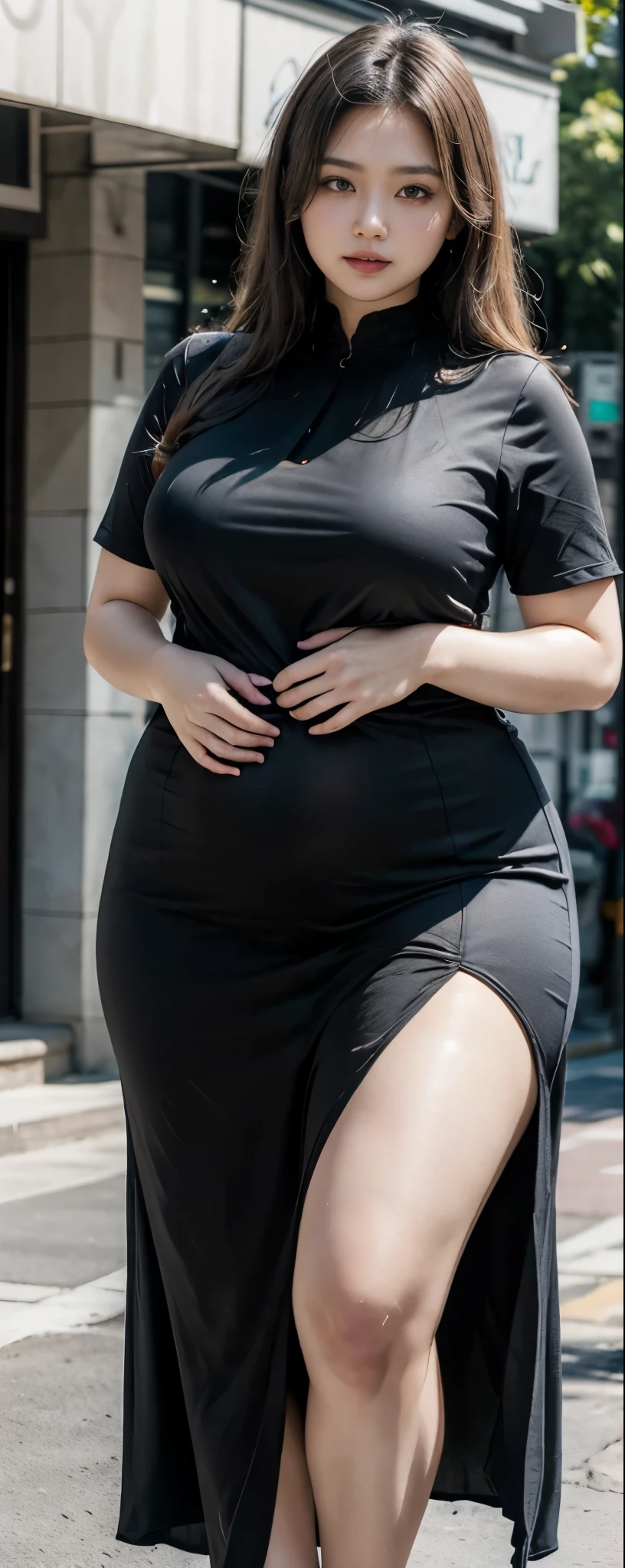 Chubby woman with fat belly and tight thighs, full body, 50-year-old mature woman, thick hips, thick neck, thick chest, big eyes, wearing a longest dress, wearing a sneakers 