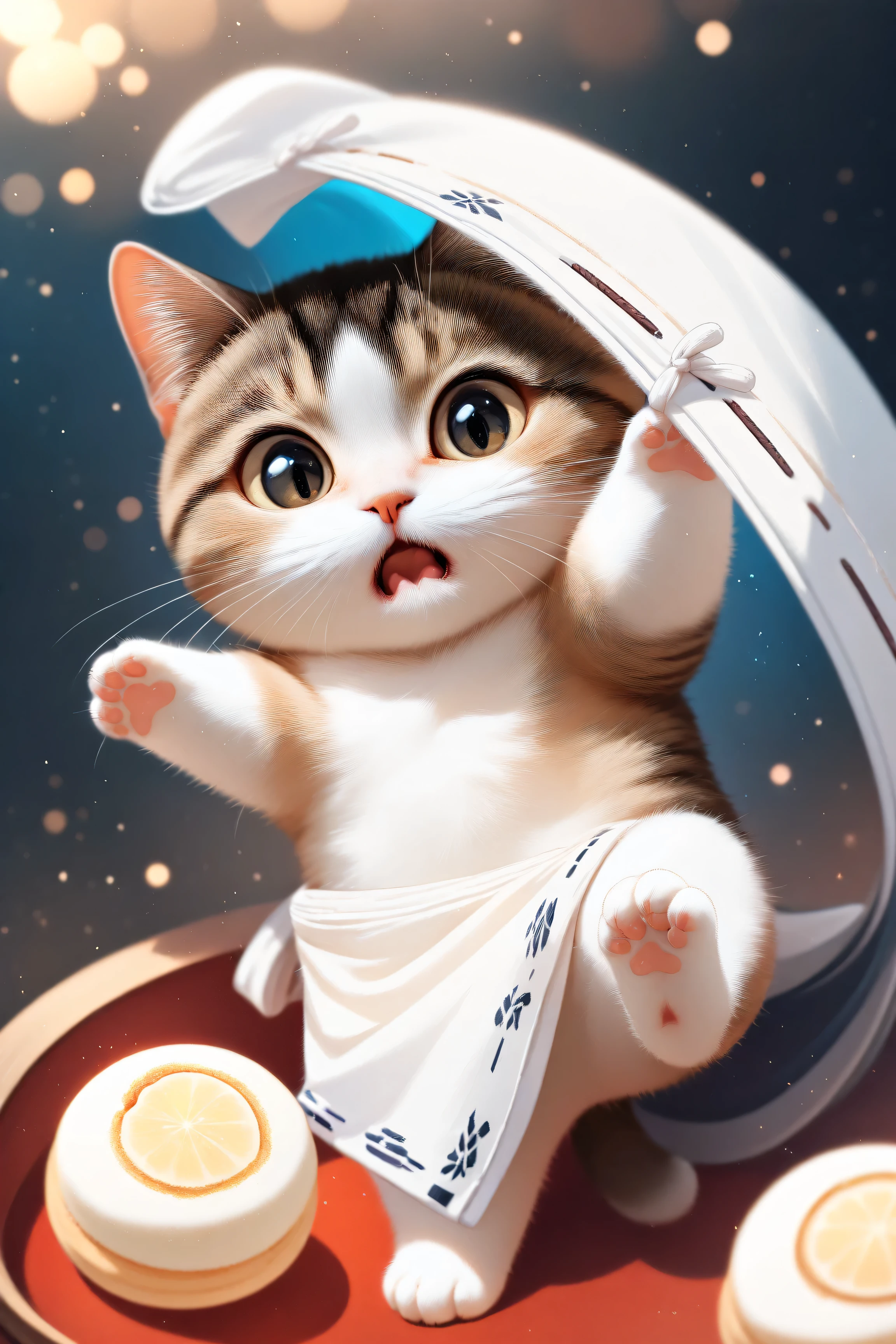 (masterpiece, best quality:1.2), Animal Focus , there are no humans, chibi-style cats, , proportions of 2 heads, samurai armor with soft cloth details, Holding a colorful dumpling skewer、 (Japanese sweets) Holding it with one leg、waving at the viewer on the other leg, opening his mouth as if he were trying to gnaw, playful and bright expression