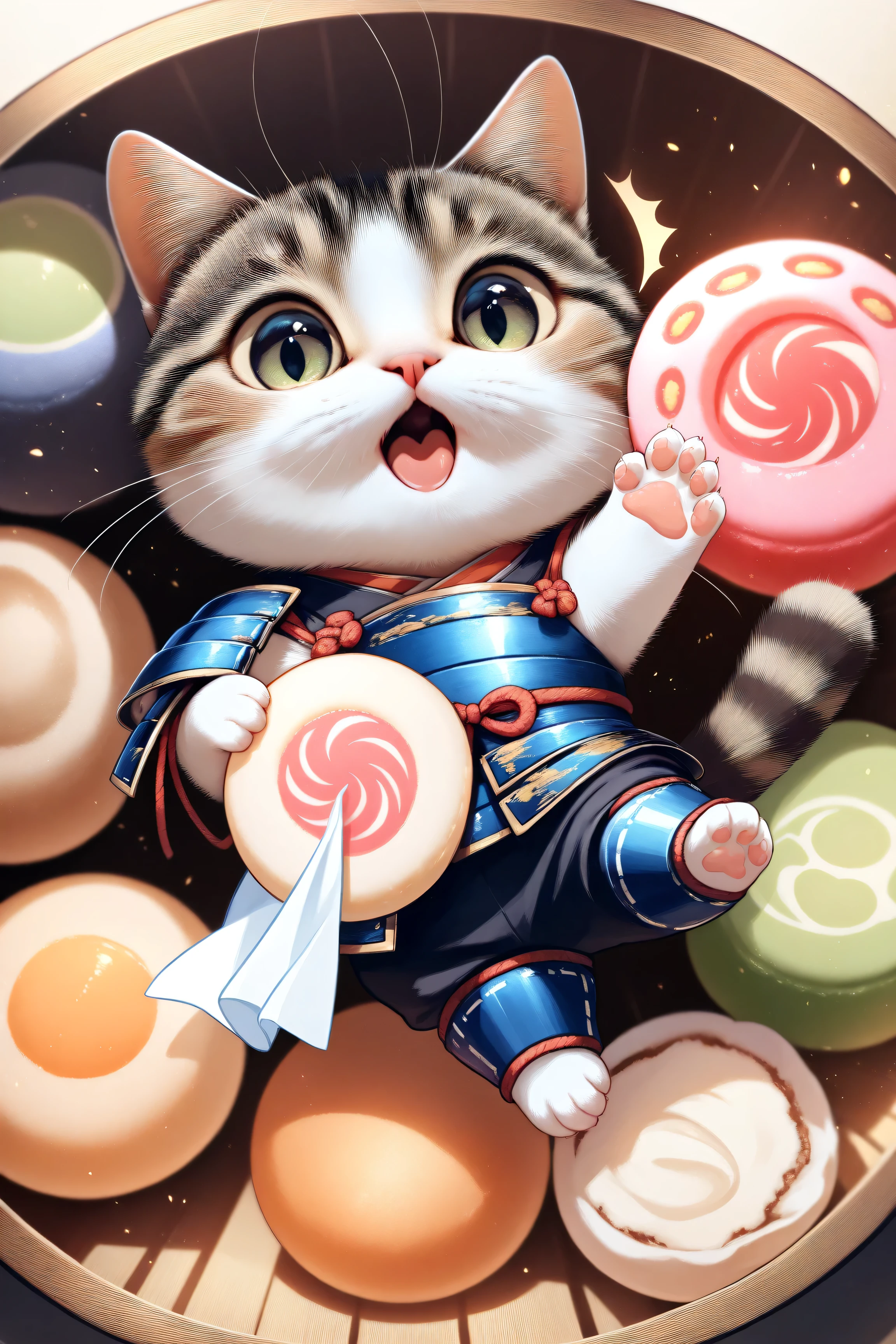 (masterpiece, best quality:1.2), Animal Focus , there are no humans, chibi-style cats, , proportions of 2 heads, samurai armor with soft cloth details, Holding a colorful dumpling skewer、 (Japanese sweets) Holding it with one leg、waving at the viewer on the other leg, opening his mouth as if he were trying to gnaw, playful and bright expression