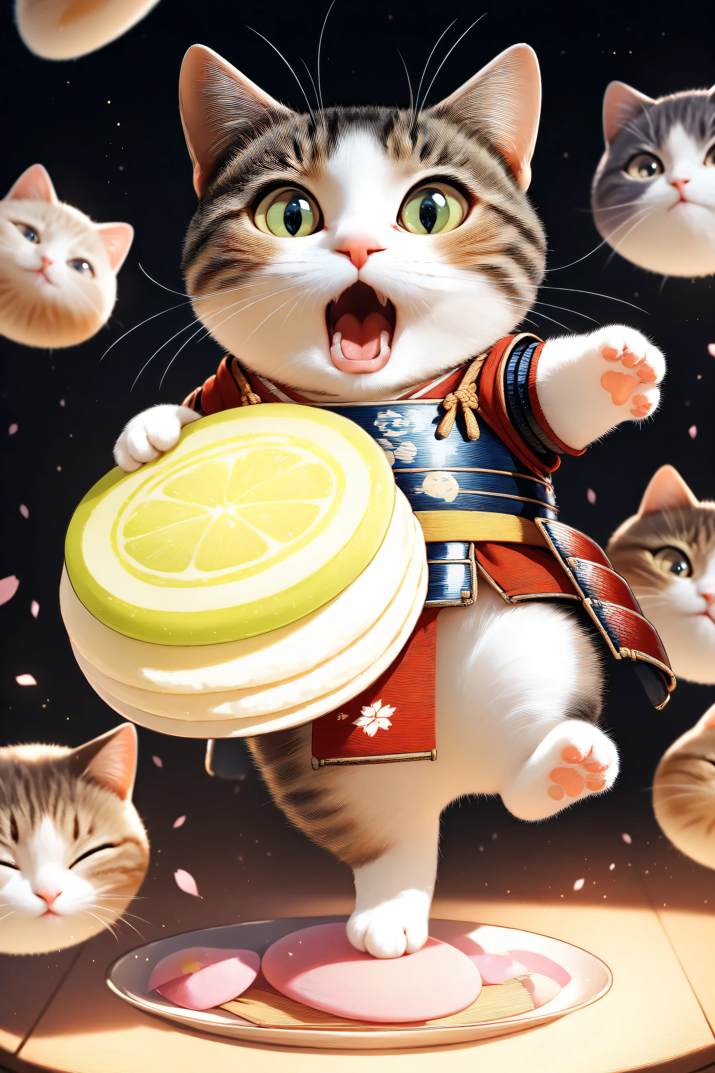 (masterpiece, best quality:1.2), Animal Focus , there are no humans, chibi-style cats, , proportions of 2 heads, samurai armor with soft cloth details, Holding a colorful dumpling skewer、 (Japanese sweets) Holding it with one leg、waving at the viewer on the other leg, opening his mouth as if he were trying to gnaw, playful and bright expression