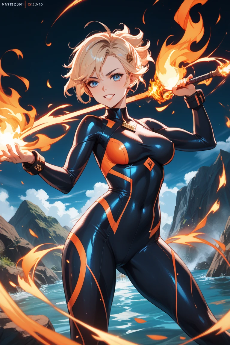16k resolution image, Unreal Engine 5, Mortal Kombat style, Dragon Ball style, full body image of a woman doing hybrid Scorpion/Goku/Samus Aran cosplay, as a super saiyan, wearing an all-black futuristic Ninja outfit with yellow parts, with ninja mask on her face, looking at the viewer with angry eyes,  Holding ninja weapons, emanating aura of fire around the body furiously, on a battlefield of a bloodthirsty ancient time, with zombies trying to catch you.
