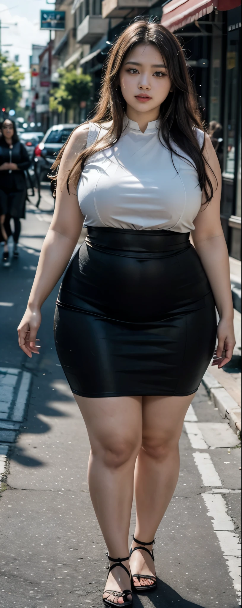 Milky white skin woman in black dress and hijab walking down the street, , hijab outfit, , hijab fashion model, plus size, plus size woman, , woman in black robes, beautiful woman, thicc, black outfit,, bbwchan , white sneakers , Height 170 cm, beautiful woman, with a beautiful appearance, a very beautiful masterpiece, a masterpiece of art, good lighting, Bright colors, Clean lines, naked.