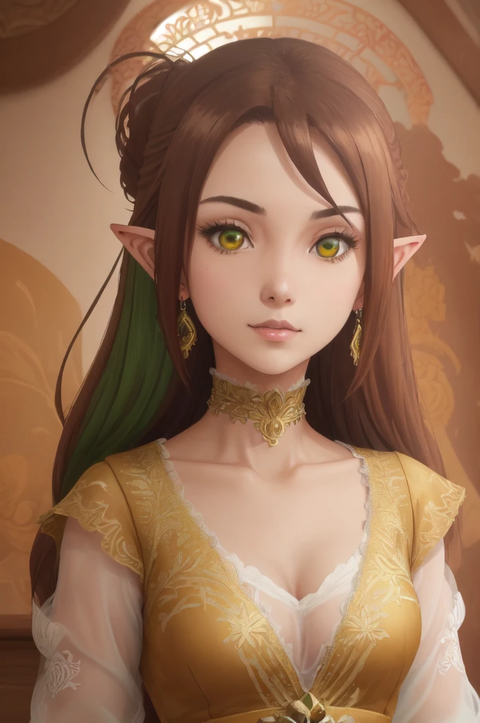 3D character, elf with brown hair, Elf Princess, Wreath in the hair, stylized 3d character, fantasies, Tolkien, Beauty