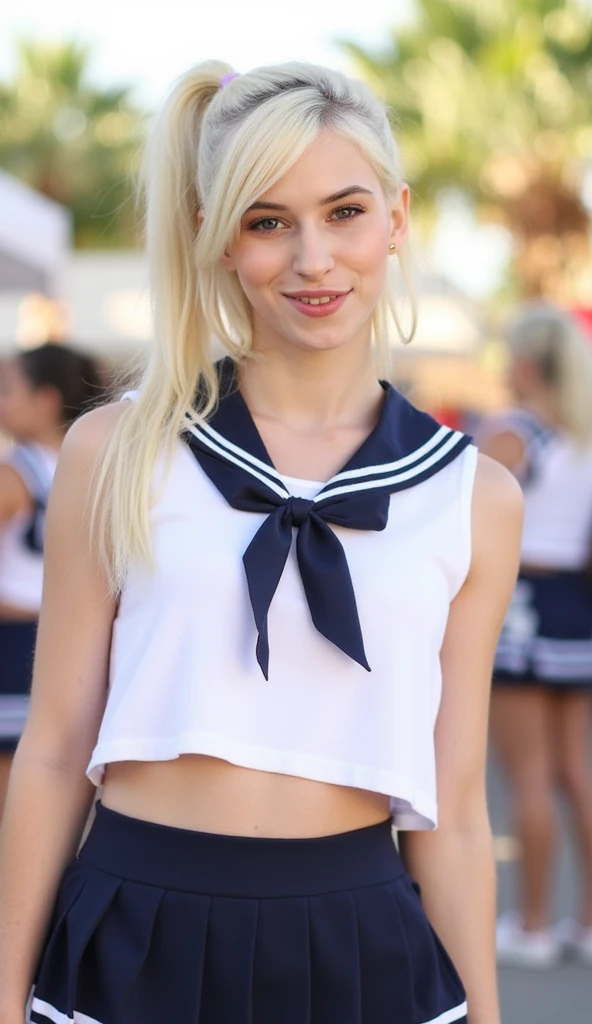best quality, high-resolution, masterpiece:1.2, girl with 18, short-sleeved sailor dress, black sports bra, blue short skirt, beautiful detailed bust, bust size 85, blonde hair, long hair, beautiful detailed blue eyes, open chest, happy expression, black wristband on the wrist, slender figure, laughter, sexy shot, earrings, ultra-detailed, realistic:1.37, visual art, magazine, background with a morning school classroom, tabletop