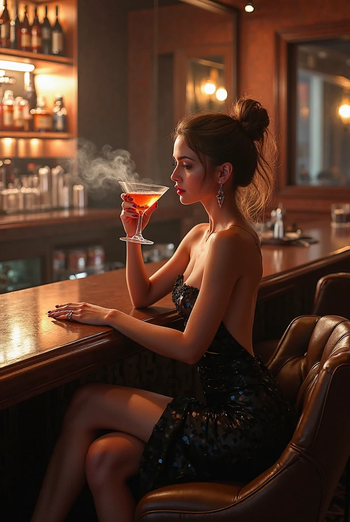 (photorealism:1.2), beautiful woman, curly black hair, chubby, fair, intoxicated look at bar, drinking, classy dress, relaxed pose, ultra realistic, intricate details, drinking bar, bright lights, realistic face details