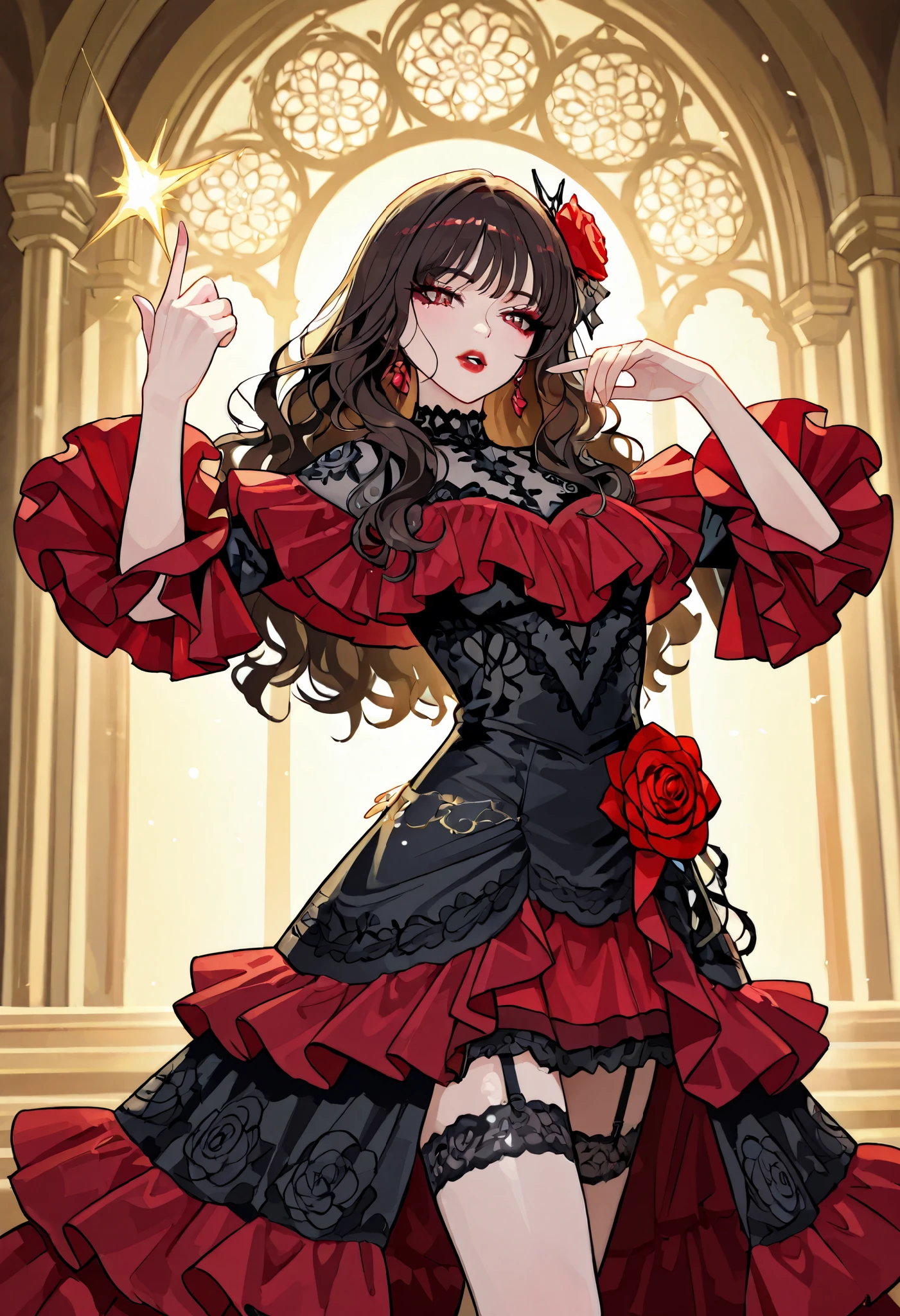A passionate Spanish woman dancing flamenco with intense emotion. She wears a traditional red and black flamenco dress with flowing ruffles and intricate lace details. Her dark, wavy hair is adorned with a red rose, and she has dramatic makeup with bold red lips. She gracefully lifts her arms, snapping her fingers, and her skirt sways dynamically. The background is a dimly lit stage with warm, golden lighting, emphasizing the dramatic atmosphere. The image captures the energy, passion, and elegance of the dance.