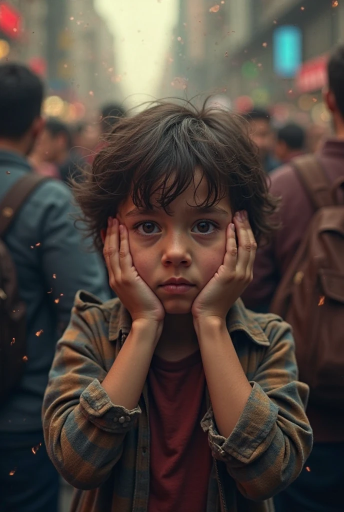 Create a photo realism depicting a quiet autistic boy who is born in a noisy world, who does not speak but when he does it's a wow. Make use of chiaroscuro