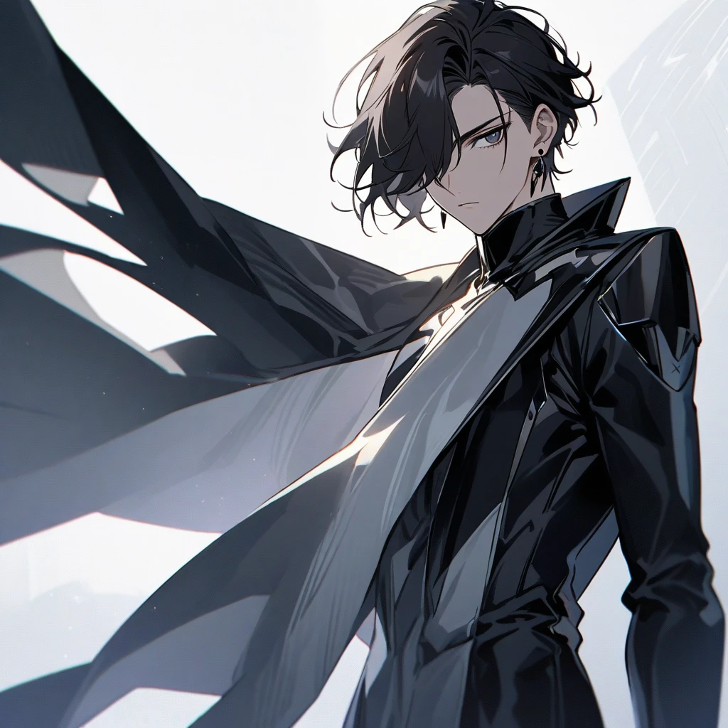 {{masterpiece}}, The best quality of life,((White background)) 、good looking, alone, 1 male, short hair, Blue-gray hair、Green Eyes, Black jacket、Cowboy Shot、smoking