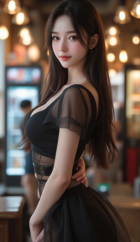 masterpiece, Highest quality,16K, Ultra-high resolution,The light and shadow of reality,Cinema Lenses,(Very skinny),(Very firm and beautiful breasts),((Her waist is so slim and beautiful)),((She has outstanding style)),(Pure white beautiful skin),((Large, clear, beautiful eyes)),((Her face is very small)),((Cute Japanese Girls)),((She is wearing a red and black checked camisole dress.)),((Sitting on a bench in a stylish cafe)),(Sexy pose),(Beautiful Eyes:1.1),Reflecting clear eyes and a gentle smile,