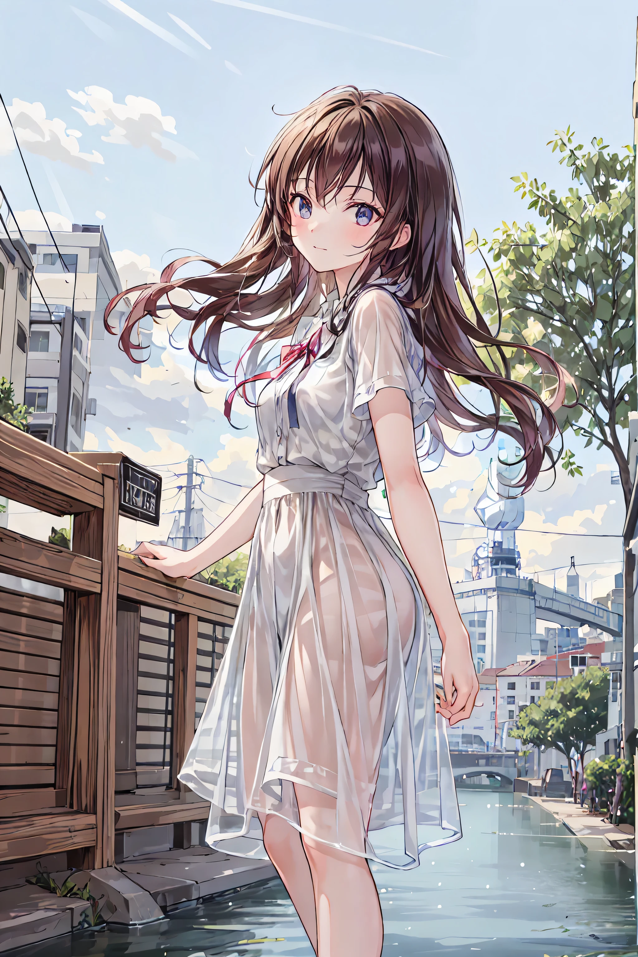Anime girl in a dress standing on a bridge over a river - SeaArt AI
