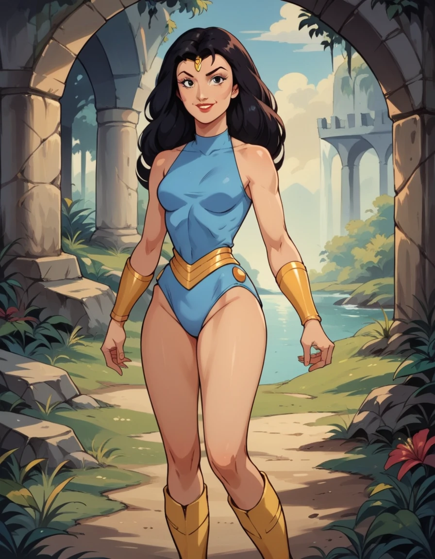 score_9, score_8_up, score_7_up, score_6_up, score_5_up, score_4_up, hud_thundarr_ariel, 1girl, solo, blue leotard, yellow boots, forehead jewel, bracer, lipstick, retro artstyle, 1980s (style), standing, smile