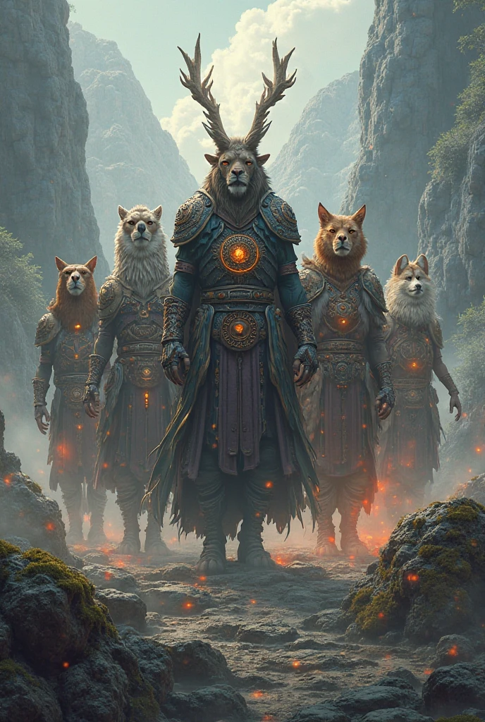 The scene is open, ancient sacrificial pictures, smoky and engulfing, animals in human clothes are playing Zen and asking, (detailed clothing details, detailed clothing light sense), faint and faint, detailed animal hair glowing sense, cumbersome and complex picture feeling, (full of weird and mysterious pictures), the background is hazy open and weird mountains, complex mountains, photorealistic, 8k,