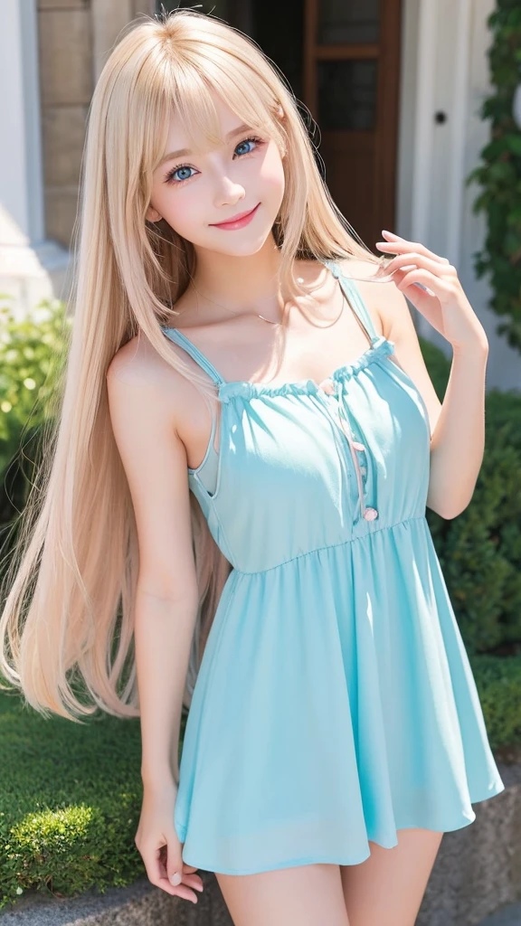 very cute, big , naked, Blonde Pigtails, smile, Spread your hands, Flowing Hair, Very detailed. Highest quality, 32K, Sharp focus. Nice arms, Nice hands, Mini dress