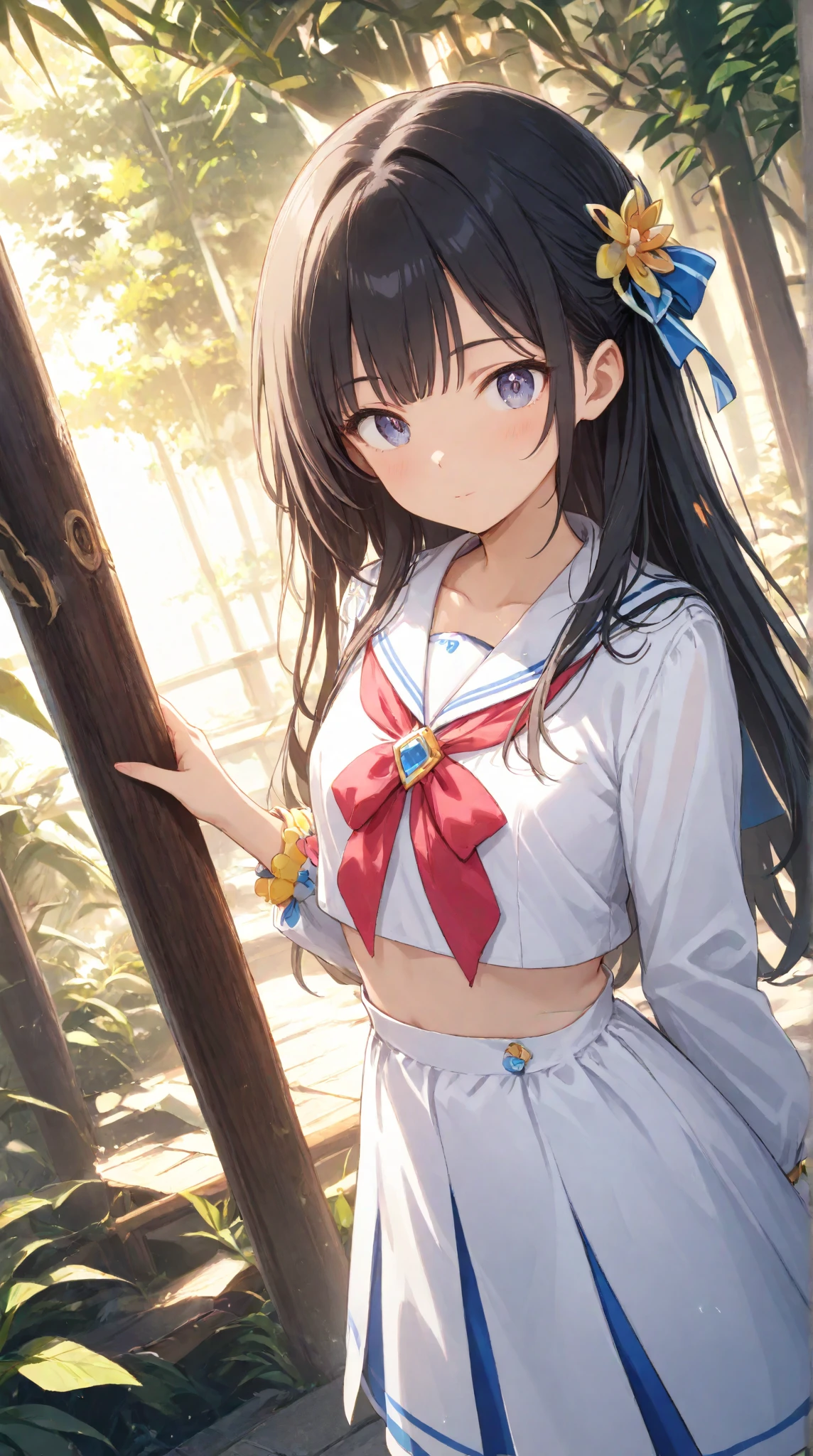 One girl, high school girl、(((リボン付きSailor suit))), Summer clothes、Wet and transparent、((Navy pleated ocks、loafers、ponytail、school bag)、My belly is visible through my clothes、cute, wonderful, Beautiful attention to detail, Iris, Black Hair, In detail, Depth of written boundary, Highly detailed CG, original, Highly detailed wallpaper, View your viewers, Detailed face, Cleavage, (Big Tits, Hard nipples)、Toned Abs, White skin, Realistic、(Cinema Lighting)、Detail emphasis, Beautiful lighting、(((Sailor suit))), Summer clothes、Wet and transparent, ((In the park after the rain))、Summer sunset、Realistic park、masterpiece, 最high quality, high quality, High resolution、 ((smile)), smileで、((Upper body portrait))), ((On all foursポーズ_random))、On all fours