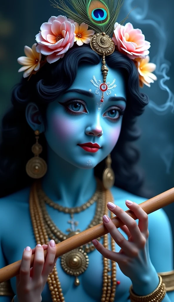 Portait image of lord shree krishna holding flute .his hair is lighting blue and his jewelry sparks golden .he has charming face .his everything looks like they emitting light