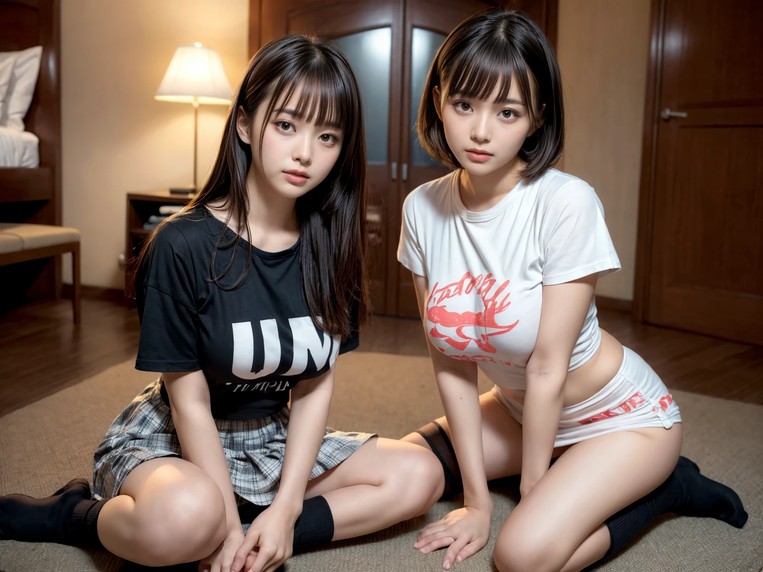 Cute asian cheerleader sitting on top of an asian girl in a black skirt