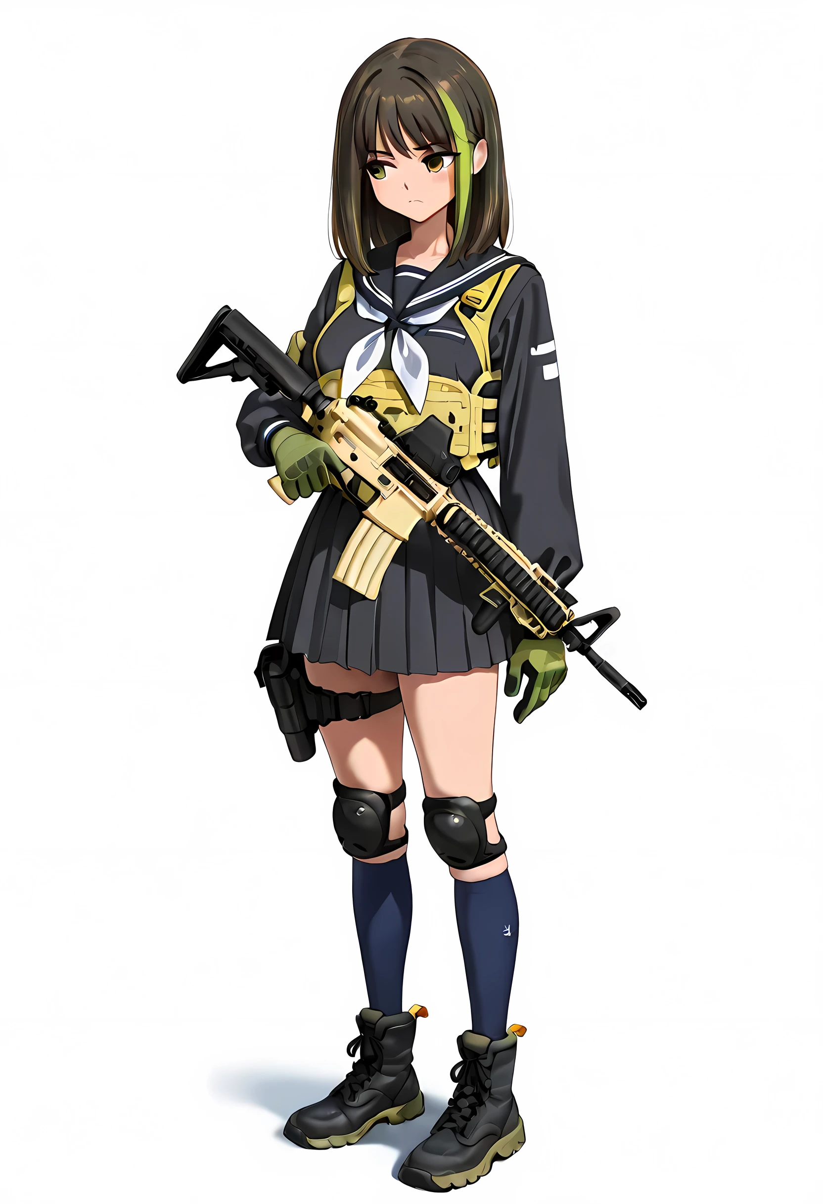 masterpiece, best quality, 8K, high detailed, vector illustration, (yd\(orange maru\):0.9), (reizei\(cyclone\):0.8), (ame\(uten cancel\):0.4), school uniform, JK, Cinematic Girls With Guns Style, 1girl, solo, white background, standing, full body, front view, Looking away, (black sailor uniform:1.5), Long sleeve, 180㎝, (yellow green medium hair:1.3), yellow green eyes, slant eyes, frown, closed mouth, (detailed beautiful face and eyes:1.6), medium breasts, (slender:1.4), (Holding the gun in the rest position1.4), (assault rifle m4a1 cqbr:1.4), (ballistic vest:1.2), Magazine pouch, over-kneehighs\(black\), black Military Gloves, Military Knee Pads, Leg Holster, black Military boots\(United States Army\)
