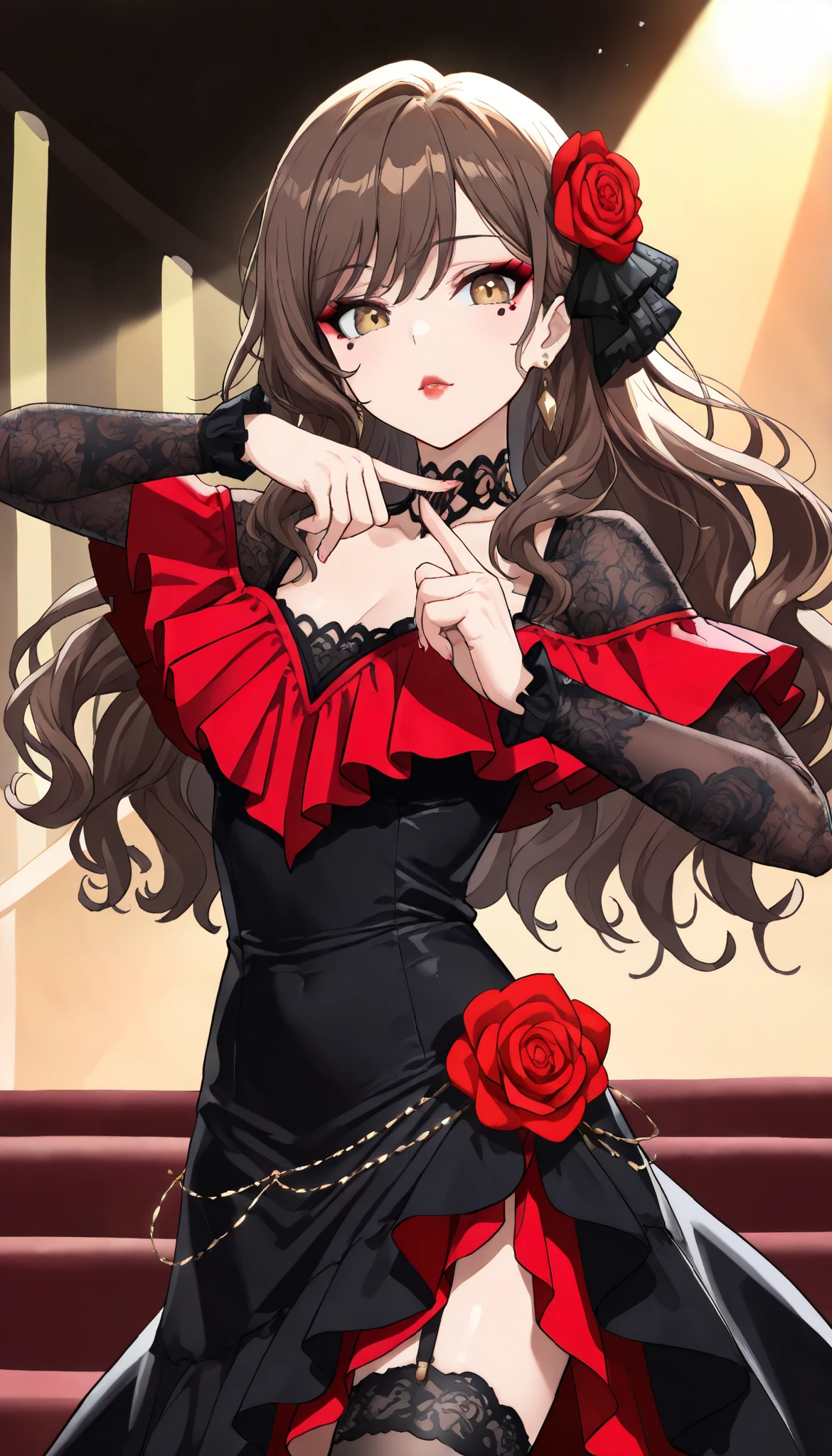 ((Best quality, 8k, Masterpiece: 1.3)),(high detailed face, high detailed eye), super detail, Sharp focus A beautiful woman, Slim abdomen, A passionate Spanish woman dancing flamenco with intense emotion. She wears a traditional red and black flamenco dress with flowing ruffles and intricate lace details. Her dark, wavy hair is adorned with a red rose, and she has dramatic makeup with bold red lips. She gracefully lifts her arms, snapping her fingers, and her skirt sways dynamically. The background is a dimly lit stage with warm, golden lighting, emphasizing the dramatic atmosphere. The image captures the energy, passion, and elegance of the dance.