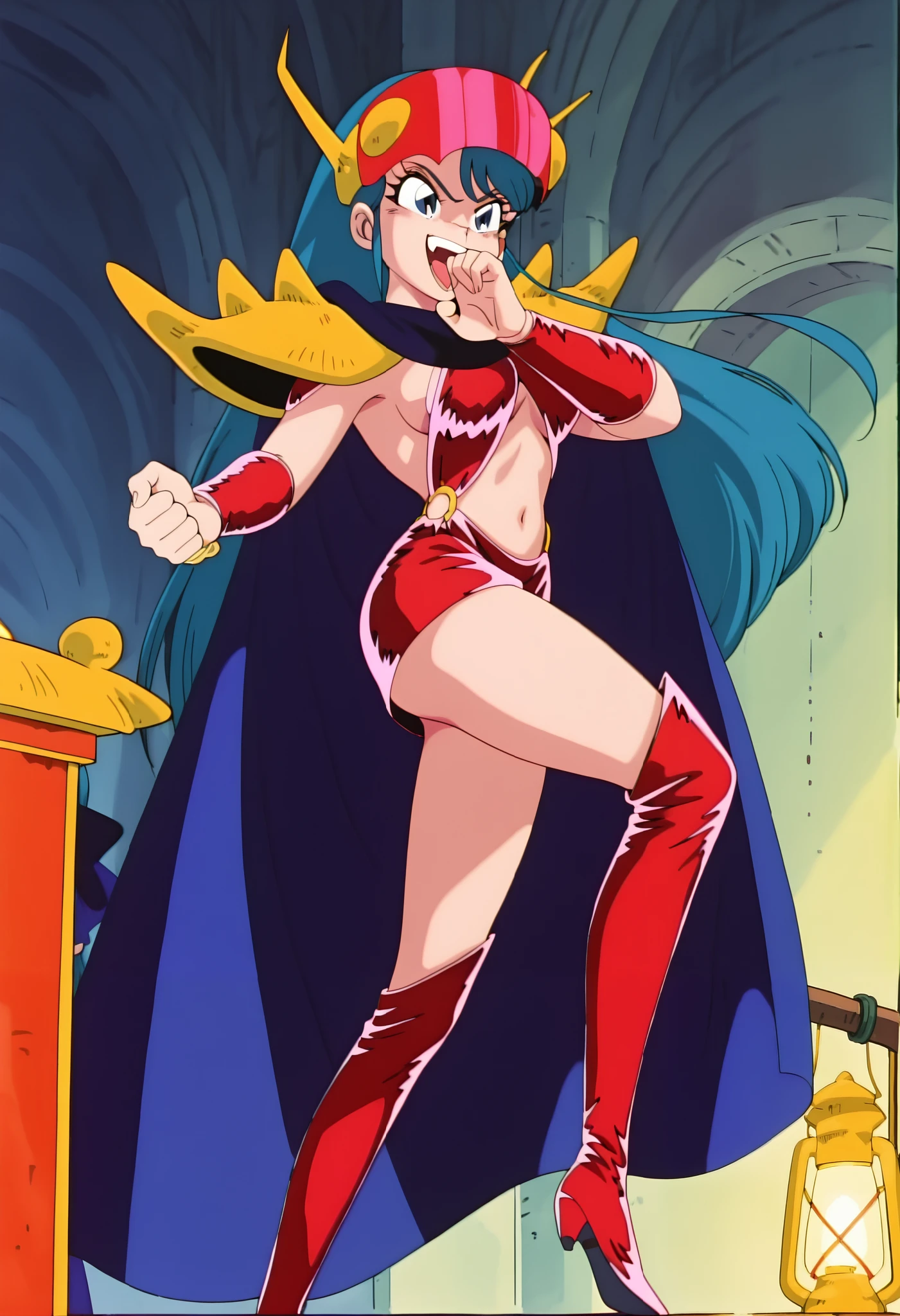 She is a very tall woman, thin and with long black hair that extends to her hips with strands of hair that frame her face, breasts big, raised head, blue eyes with voluminous eyelashes. Like most of the women in the series, she has a narrow waist. Its three measurements are: B111-W61-H91. She wears a revealing red blouse that shows a lot of her breasts and a loose skirt that exposes her long, slender legs., with the green symbol of a flower adorned on it, along with a white cape bearing epaulettes more commonly found on the jackets of senior Navy personnel, and red high heels. With all your clothes, she has been wearing a pair of gold earrings that resemble snakes and high heel shoes.