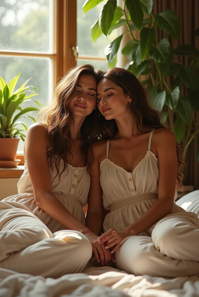 (photorealism:1.2), beautiful woman, sitting on bed, with her boyfriend and romance together and she wearing loose off-shoulder top, pajama pants, long curly hair, indoors, soft lighting, plants in background, window with sunlight, cozy room, relaxed pose, realistic, intricate details, warm colors, by Greg Rutkowski, by Alphonse Mucha