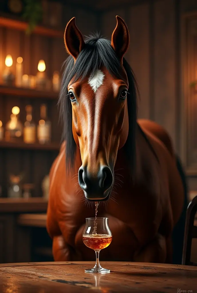 Horse drinking double reserve from a bottle 
 