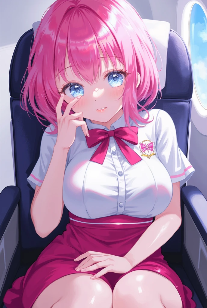 (masterpiece、highest quality、Super detailed)、((One girl))、((Pink Hair))、((Twin tails))、((Light blue eyes))、evil smile、((Grin))、Earrings、((Very large breasts))、light blue bowtie、((White shirt))、Short sleeve、((Black pleated skirt))、((miniskirt))、((white baggy socks))、Loafers、Sit in your seat、Shoot from above、Background inside the train