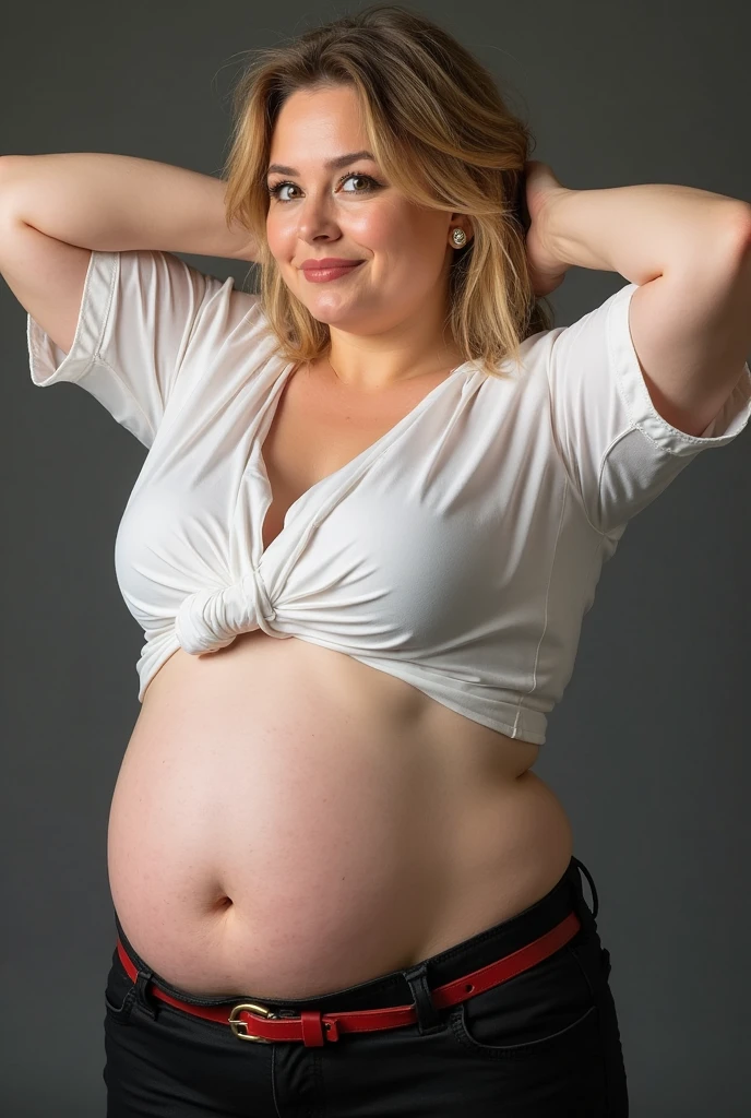 create a high resolution image of a blonde woman with a very large pregnant belly and her face is scared