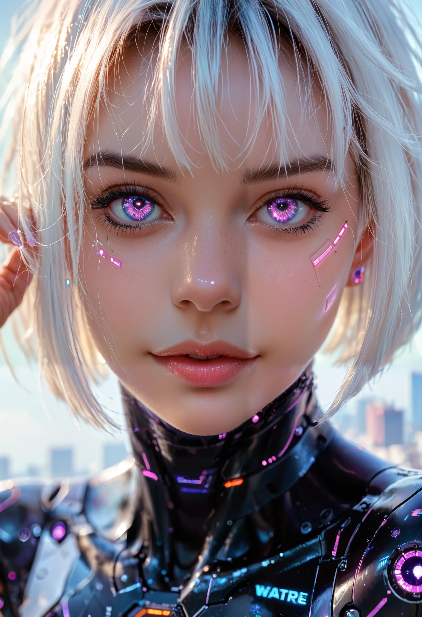 score_9,score_8_ up,score_7_ up, ultra detail, absolute resolution, 32K,Masterpiece, best quality , Super High Definition's beautiful face and eyes with attention to detail, beautiful cyborg girl,  short hair, smile, Small breasts, focus on the face, watching viewers , perfect hand, (show armpit) , Perfect Anatomy, camel toes, Venus Rift, front view,